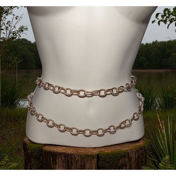 Chico\'s Gold-Tone One Long Chain Belt Double Wrap Statement 60\